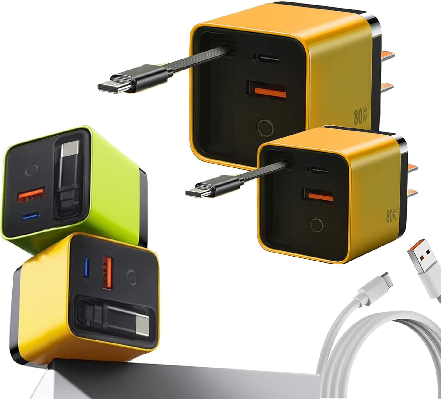 3 in 1 Gan Charger, Scalable 80W Max Fast Charger Module with Type-C Cable and 2 USB Ports, for Smartphones, Tablets and Laptops (Green)