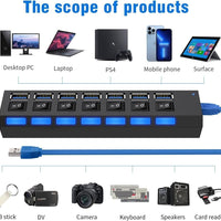 USB HUB 7 Port High Speed 3.0 USB Multi Splitter Desktop PC Laptop Adapter 5Gbps