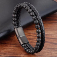 8Inch Men'S Lava Rocks Beads Braided Leather Bracelet Magnetic Clasp Cuff Bangle Energy Balance