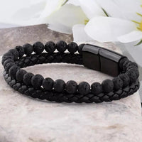 8Inch Men'S Lava Rocks Beads Braided Leather Bracelet Magnetic Clasp Cuff Bangle Energy Balance