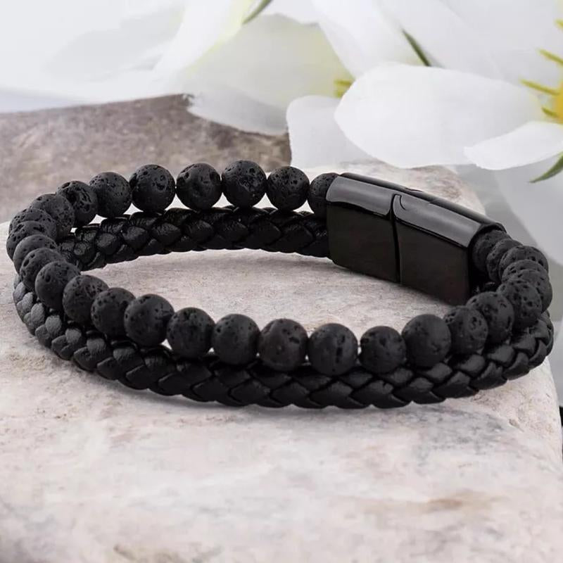 8Inch Men'S Lava Rocks Beads Braided Leather Bracelet Magnetic Clasp Cuff Bangle Energy Balance
