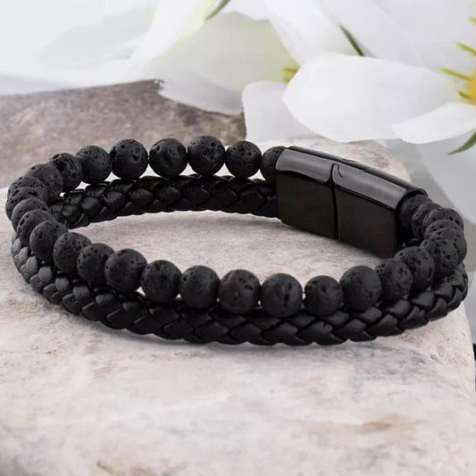 8Inch Men'S Lava Rocks Beads Braided Leather Bracelet Magnetic Clasp Cuff Bangle Energy Balance