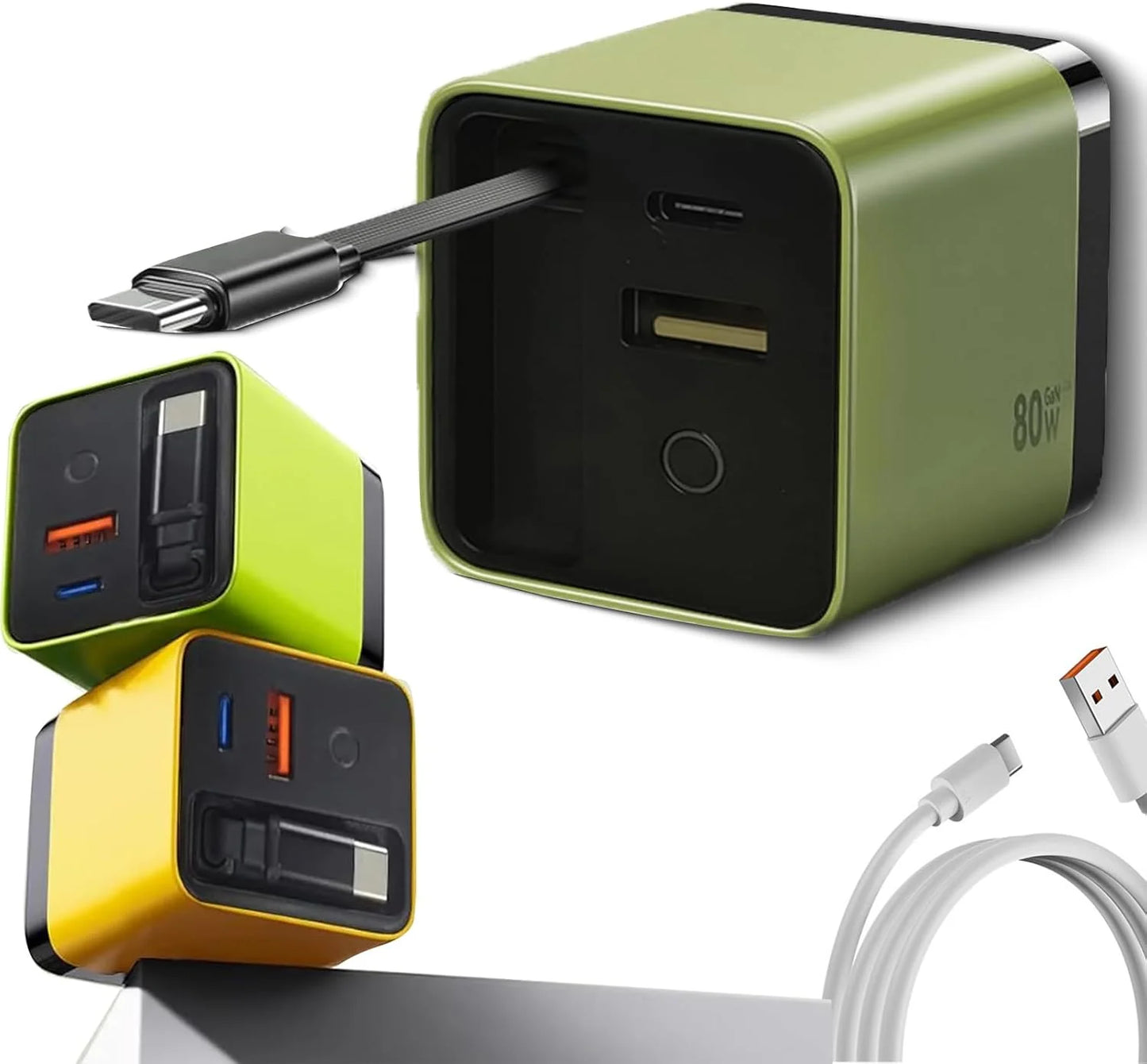 3 in 1 Gan Charger, Scalable 80W Max Fast Charger Module with Type-C Cable and 2 USB Ports, for Smartphones, Tablets and Laptops (Green)