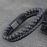 8Inch Men'S Lava Rocks Beads Braided Leather Bracelet Magnetic Clasp Cuff Bangle Energy Balance