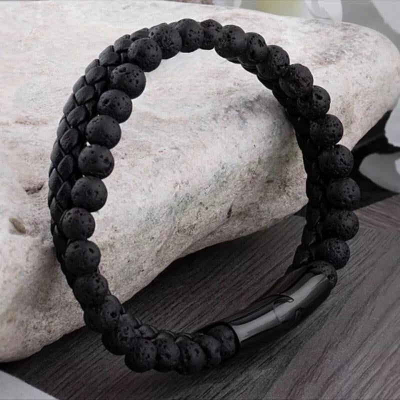 8Inch Men'S Lava Rocks Beads Braided Leather Bracelet Magnetic Clasp Cuff Bangle Energy Balance