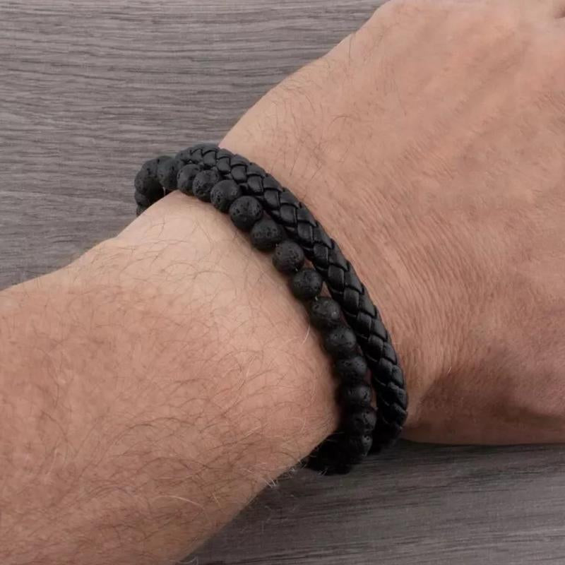 8Inch Men'S Lava Rocks Beads Braided Leather Bracelet Magnetic Clasp Cuff Bangle Energy Balance