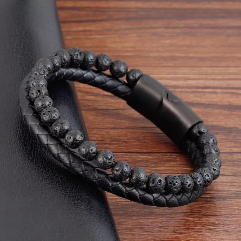 8Inch Men'S Lava Rocks Beads Braided Leather Bracelet Magnetic Clasp Cuff Bangle Energy Balance