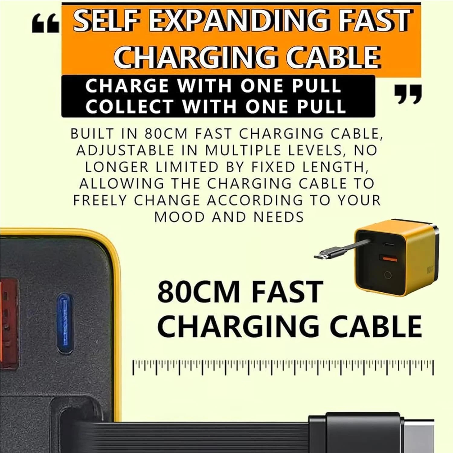 3 in 1 Gan Charger, Scalable 80W Max Fast Charger Module with Type-C Cable and 2 USB Ports, for Smartphones, Tablets and Laptops (Green)