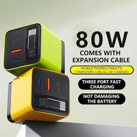 3 in 1 Gan Charger, Scalable 80W Max Fast Charger Module with Type-C Cable and 2 USB Ports, for Smartphones, Tablets and Laptops (Green)
