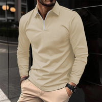 Zipper Men's Solid Color Long Sleeve Sports Polo Shirt