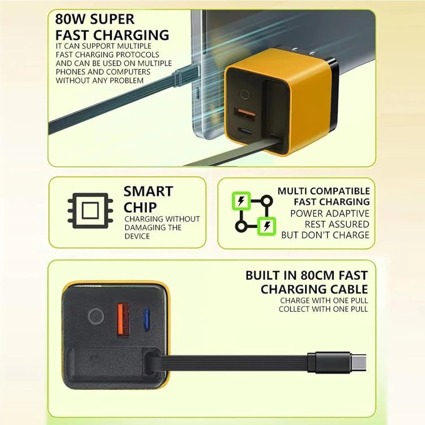 3 in 1 Gan Charger, Scalable 80W Max Fast Charger Module with Type-C Cable and 2 USB Ports, for Smartphones, Tablets and Laptops (Green)